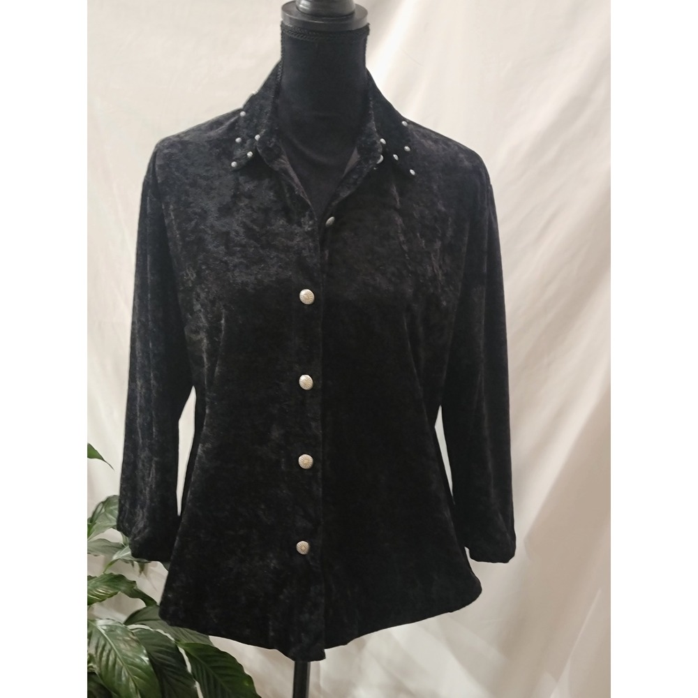 Stonebridge Black Crushed Velvet Studded Collar Button Down Shirt Womens Medium